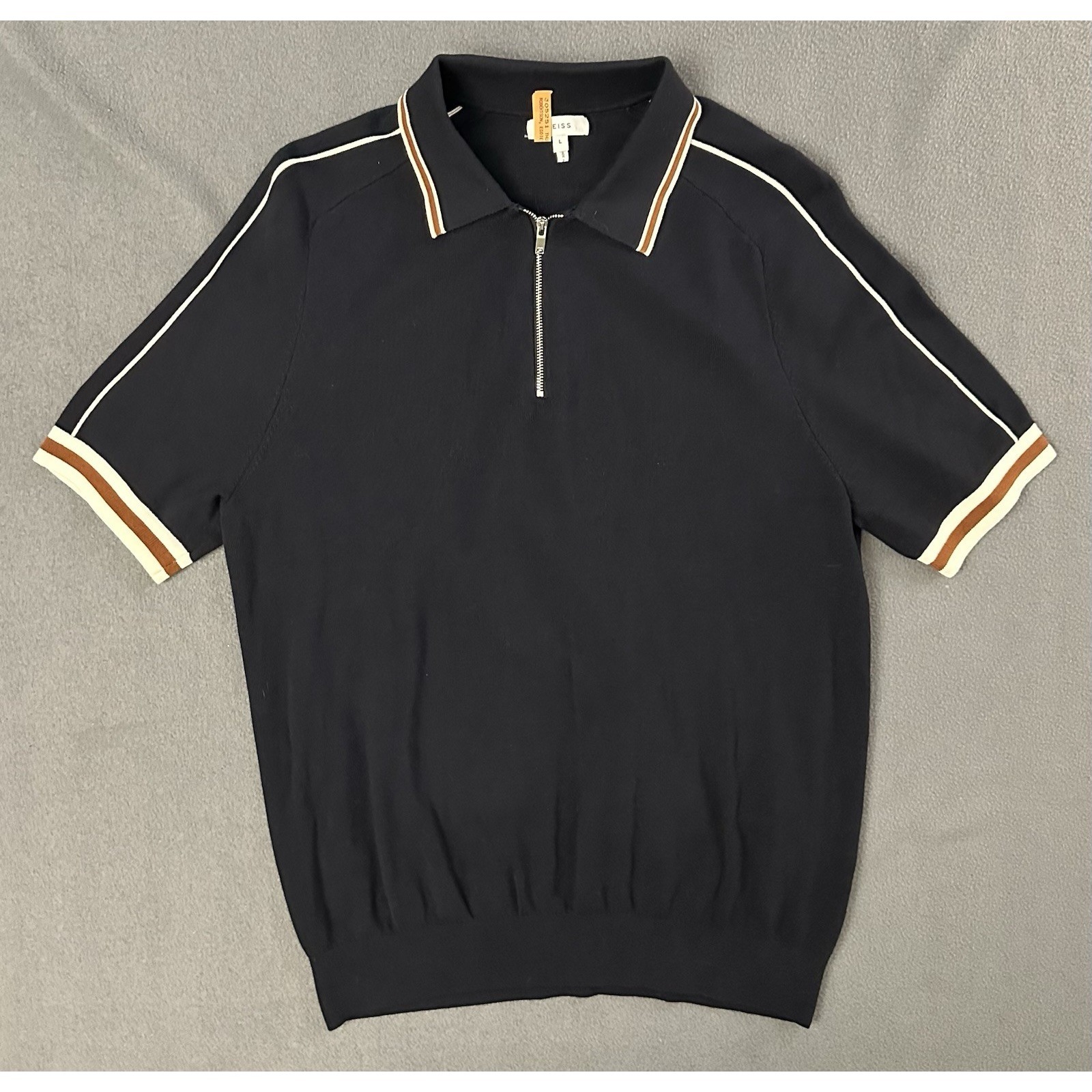 Reiss Zip Collar Mens Large Navy Sweater Polo Shirt Tipped Short Sleeves